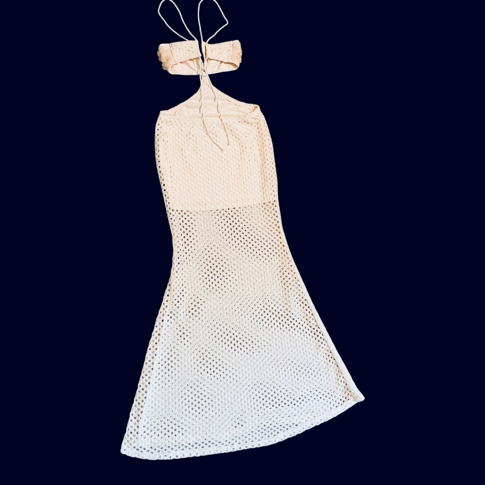 Ivory Crochet Mermaid Maxi Dress Cutout Open Knit‎ Boho Beach Resort Small - Picture 10 of 16